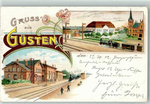 39439 O3256 Güsten , Anh 1902 Lithographie Bahnhof Eisenbahn Dampflokomotive