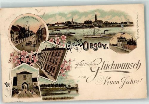 Orsoy Kuh-Rheinstraße Präparanden-Anstalt Kuhtor Kuhteich Villa Rhein Raddampfer Glückwunsch Neujahr