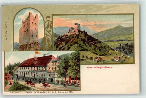 77960 W7633 Schönberg , Kr Lahr, Schwarzw Lithographie Gasthaus Zum Löwen Ruine Hohengeroldseck