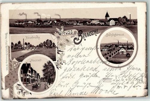 49565 W4550 Bramsche , Hase 1901 Lithographie Hasebrücke Neustadt Bahnhofstraße
