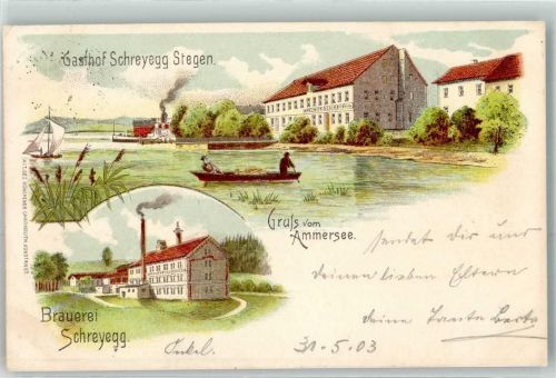 82266 W8084 Stegen a Ammersee 1903 Lithographie Gasthaus Schreyegg Ruderboot Raddampfer Brauerei Ammersee
