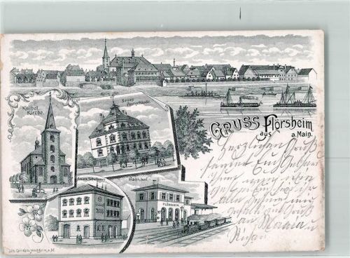 Flörsheim 1902 Kath. Kirche Neues Postgebäude Neues Schulhaus Bahnhof Eisenbahn