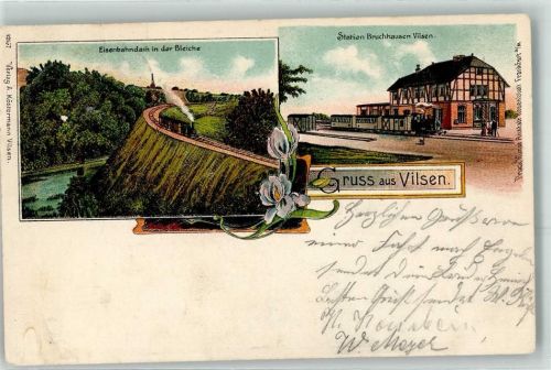 27305 W2814 Bruchhausen-Vilsen Lithographie Eisenbahndamm in der Bleiche Bahnhof Eisenbahn