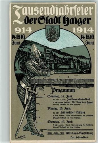 Haiger Tausendjahrfeier 1914 Ritter Rüstung sign Wappen