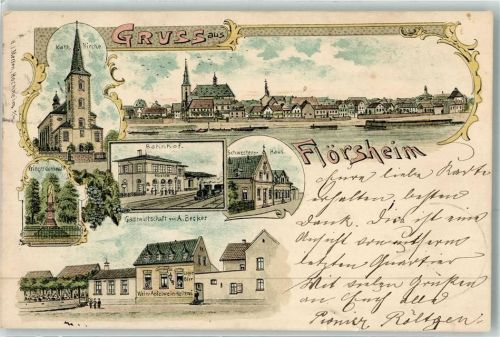Flörsheim 1899 Kath. Kirche Kriegerdenkmal Bahnhof Schwestern-Haus Gasthaus A. Becker