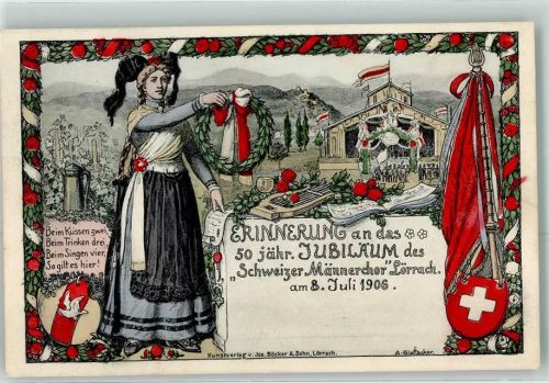 W7850 Lörrach 50 jährige Jubiläum des Schweizer Männerchor 08. Juli 1906 Tracht Wappen Glattacker Lithographie