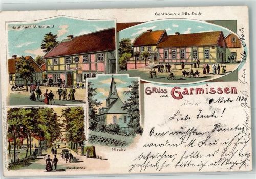 Garmissen-Garbolzum 1900 Kaufmann M. Senhold Gasthaus Fritz Bode Kirche Molkerei Lithographie