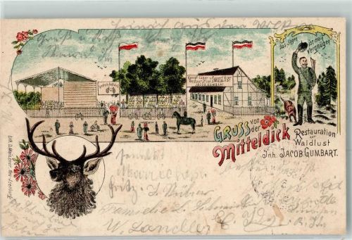 63303 W6072 Sprendlingen , Hess 1903 Lithographie Gasthaus Zur Waldlust Jacob Gumbart Hirsch Jäger Fahnen Schwarz-Weiß-Rot Mitteldick