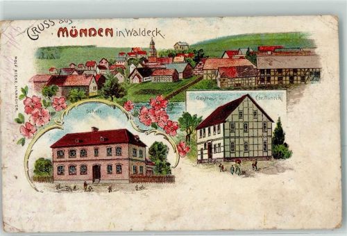 Dodenau 1905 Münden Schule Gasthaus Chr. Huneck Lithographie