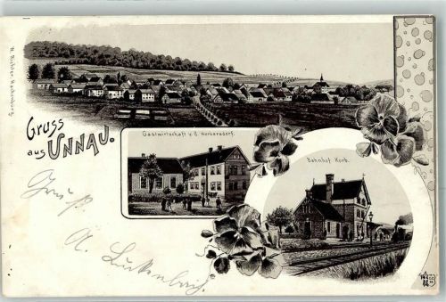 Unnau 1898 Gasthaus C. Herkersdorf Bahnhof Korb Eisenbahn