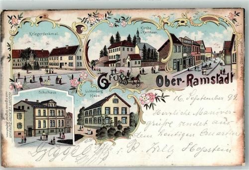 Ober-Ramstadt 1898 Kriegerdenkmal Kirche Rathaus Schulhaus Lichtenberg Haus