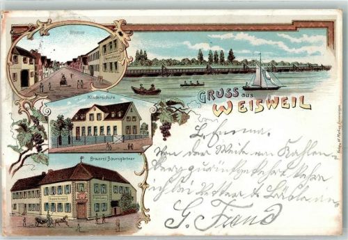 79367 W7831 Weisweil , Breisgau 1898 Lithographie Kinderschule Brauerei Baumgärtner Segelboot Ruderboote