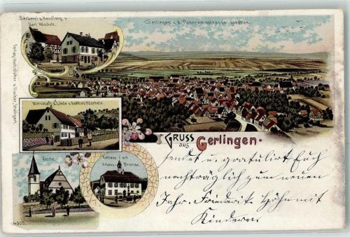 70839 W7016 Gerlingen , Württ 1901 Lithographie Bäckerei Handlung Karl Höschele Gasthaus Zur Linde Gottlieb Höschele Kirche Rathaus Urbands-Brunnen