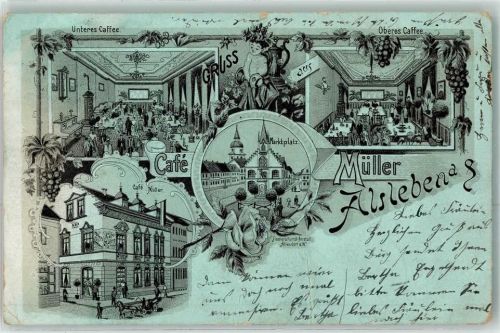06425 O4342 Alsleben 1901 Gebrauchsspuren Cafe Müller Marktplatz Lithographie