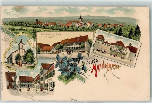 74523 W7173 Mainhardt 1903 Lithographie Ev. Kirche Geschäftshaus Firma J. F. Bacher Schlösschen Kath. Kirche Marktplatz