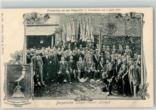 Brombach Sängerfest 05. Juni 1904 Gruppenfoto Fahnen Bürgerlicher Sänger-Verein Ehrengabe
