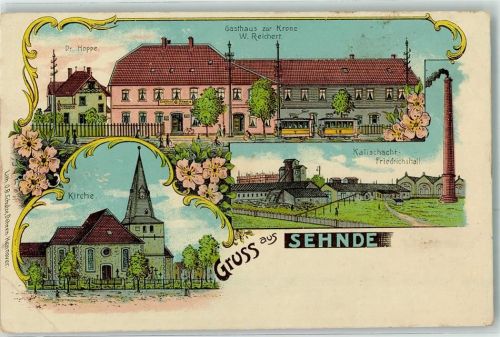 Sehnde Kirche Dr. Hoppe Gasthaus Zur Krone W. Reichert Straßenbahn Kalischacht Friedrichshall Lithographie