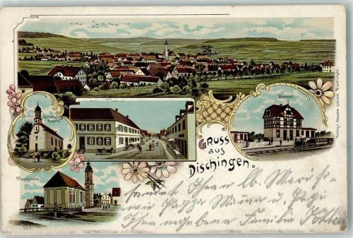 73450 W7925 Dischingen 1905 Lithographie Nothelfer Kapelle Pfarrkirche Bahnhof Eisenbahn