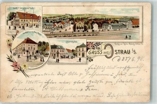 Ostrau 1898 Gasthaus Zur goldenen Taube Gasthaus Zum wilden Mann Bismarkplatz Eisenbahn Lithographie