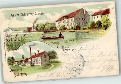 82266 W8084 Stegen a Ammersee 1903 Lithographie Gasthaus Schreyegg Stegen Brauerei Raddampfer Ammersee