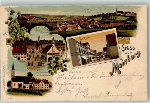 84048 W8302 Mainburg 1900 Lithographie Marktplatz Rathaus Gasthaus Zur Post St. Salvatorkirche Karmelitenhospiz