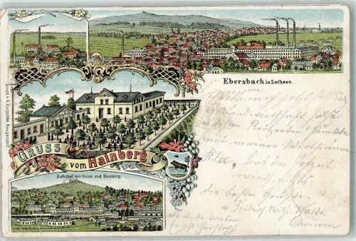 Ebersbach 1900 Gasthaus Hainberg Bahnhof Wappen Lithographie