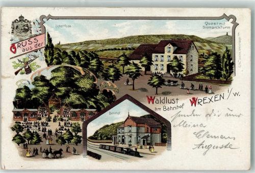 34474 W3549 Wrexen Gebrauchsspuren Quast mit Bismarckturm Gasthaus Waldlust Bahnhof Scherfede Lithographie