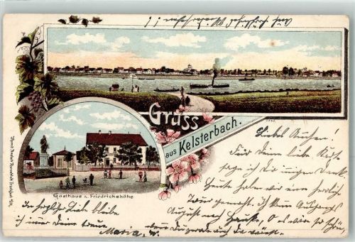 65451 W6092 Kelsterbach 1903 Lithographie Gasthaus Zur Friedrichshöhe Raddampfer