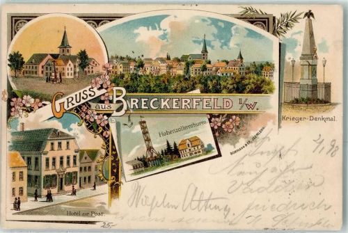 Breckerfeld 1898 Hotel Zur Post Hohenzollernturm Kriegerdenkmal Lithographie