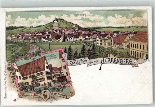71083 W7033 Herrenberg im Gäu Gebrauchsspuren Gasthaus Zur Rose G. Fischer Lithographie
