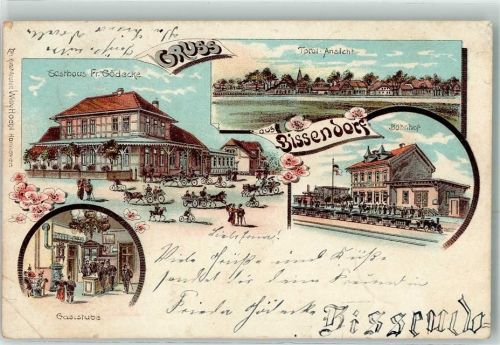 30900 W3002 Bissendorf , Han 1901 Gebrauchsspuren Gasthaus Fr. Gödecke Bahnhof Eisenbahn Lithographie