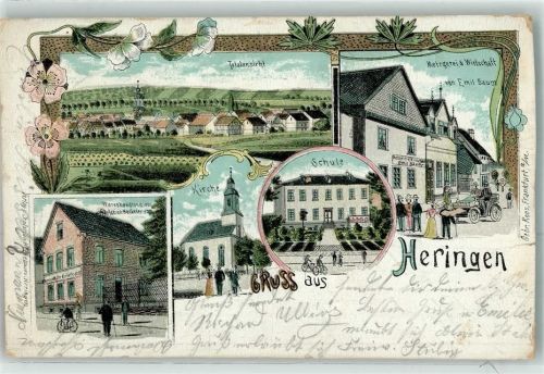 Heringen Warenhandlung Christian Heckelmann Kirche Schule Metzgerei Gasthaus Emil Baum Lithographie