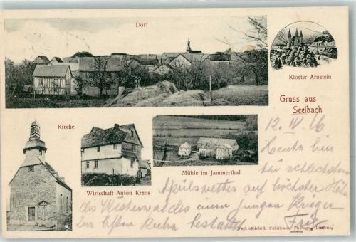56377 W5409 Seelbach b Nassau, Lahn 1916 - Kirche Dorf Gasthaus Anton Krebs Mühle im Jammertal Kloster Arnstein