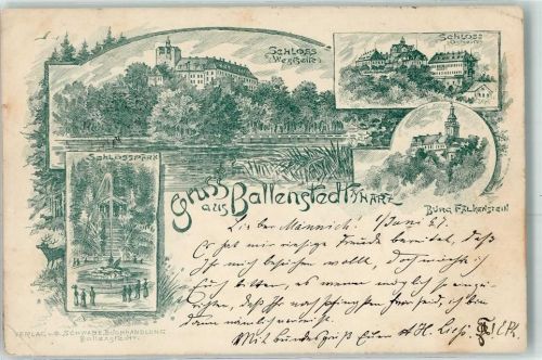 06493 O4303 Ballenstedt 1897 Gebrauchsspuren Schloss Burg Falkenstein Schlosspark Vorläufer um 1888 Bahnpost Frose - Quedlinburg Zug 448