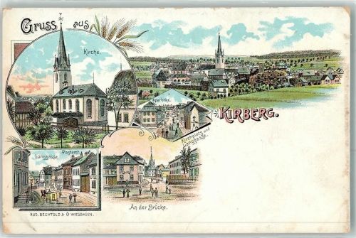 65597 W6257 Kirberg , Kr Limburg a d Lahn Lithographie Kirche Apotheke Langgasse Postamt Postkutsche An der Brücke