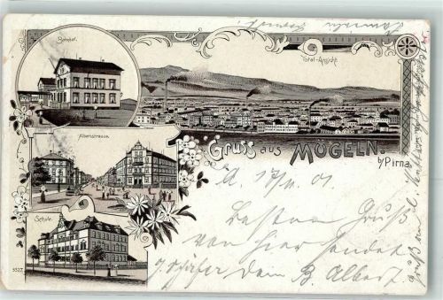 01809 O8312 Mügeln 1901 Gebrauchsspuren Bahnhof Albertstraße Schule Lithographie