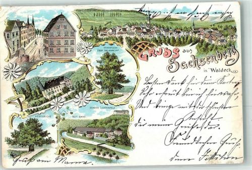 35104 W3540 Sachsenberg , Waldeck 1900 Gebrauchsspuren Hexenbuche Gut Sand Schloss Lichtenfels Bierbrauerei W. Böhle Pfingstlinde Lithographie
