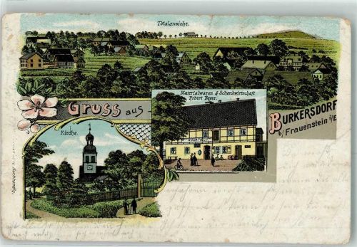 09623 O9202 Frauenstein 1912 Gebrauchsspuren Burkersdorf Materialwaren Schenkwirtschaft Gasthaus Robert Beyer Kirche Lithographie Bahnpost Freiberg - Bienenmühle Zug 1203