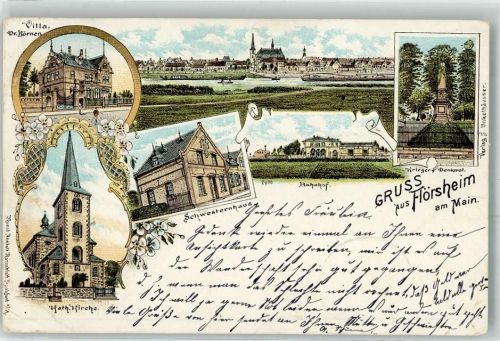 Flörsheim 1901 Villa Dr. Börner Kath. Kirche Schwesternhaus Bahnhof Kriegerdenkmal Lithographie