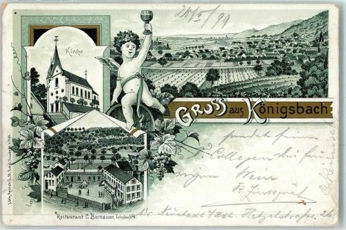 67433 W6730 Königsbach an der Weinstraße 1899 Lithographie Kirche Engel Gasthaus C. Bernauer