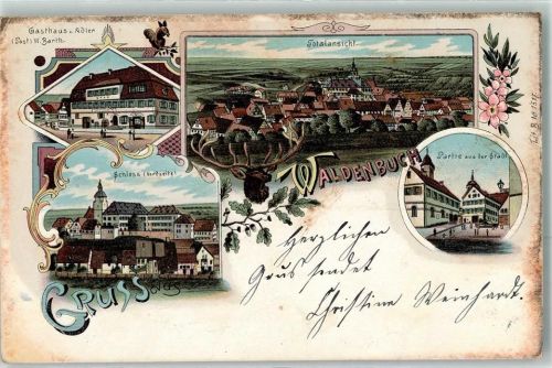 71111 W7035 Waldenbuch 1900 Lithographie Gasthaus Zum Adler W. Barth Schloss