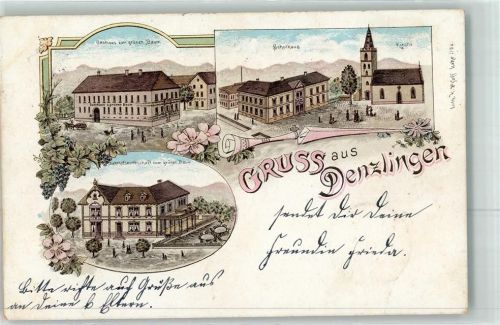 79211 W7819 Denzlingen 1899 Lithographie Gasthaus Zum grünen Baum Schulhaus Kirche Bahnhofswirtschaft