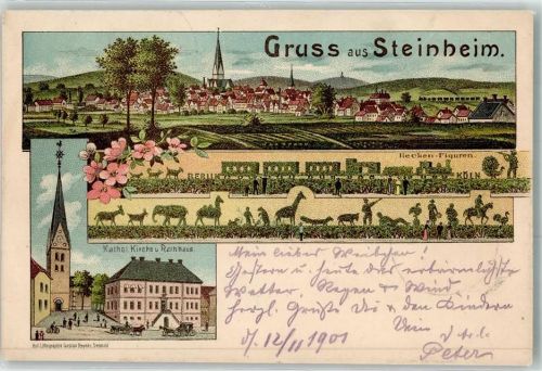 32839 W4939 Steinheim , Westf 1901 Lithographie Hecken Figuren Kath. Kirche Rathaus