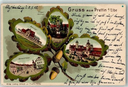 Prettin 1903 Herrenstraße Bahnhof Kriegerdenkmal Schloss Lichtenburg Eichenblatt Passepartout