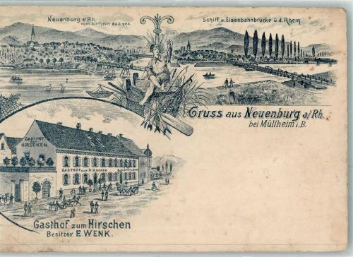 Neuenburg 1904 Schiff- und Eisenbahn-Brücke Rhein Gasthaus Zum Hirschen E. Wenk