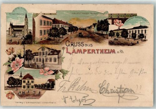 Lampertheim 1897 Ev. Kirche Kriegerdenkmal Hauptstraße Rentamt Alte Schulhäuser Hotel Zum Rebstock Kath. Kirche