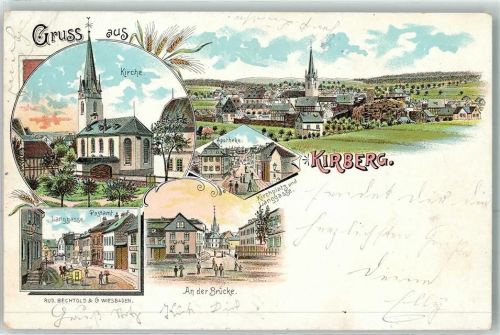 65597 W6257 Kirberg , Kr Limburg a d Lahn Lithographie Kirche Langgasse Postamt Postkutsche An der Brücke Kirchplatz Apotheke