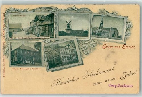 49685 W4593 Emstek - Ortsstraße Windmühle Kath. Kirche Wwe. Niemanns Gasthaus Hotel Glückwunsch Neujahr