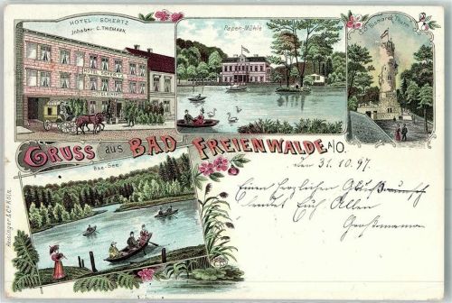 Bad Freienwalde 1897 Hotel Schertz C. thiemann Papen-Mühle Bismarck Turm Baa-See