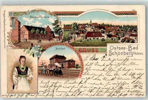 24217 W2306 Schönberg Holstein 1905 Lithographie Bahnhof Eisenbahn Hotel Stadt Hamburg Tracht
